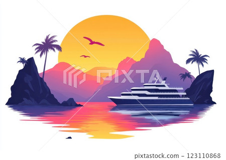 Vibrant sunset over tranquil waters with a yacht sailing near rocky islands and palm trees in a serene coastal landscape Vibrant sunset over tranquil waters with a yacht sailing near rocky islands and palm trees in a serene coastal landscape 123110868