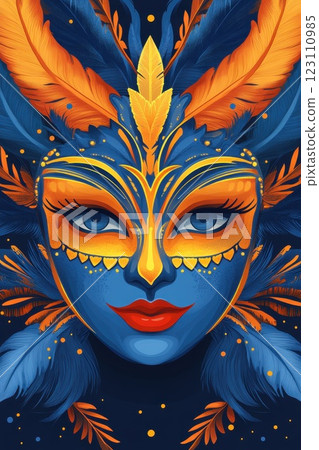 Vibrant carnival mask design featuring blue face paint, intricate patterns, and bold feathers in shades of orange and blue, representing festive celebration and artistic expression 123110985