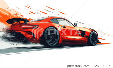 Dynamic red sports car executing a sharp drift on a racetrack surrounded by splashes of paint and motion effects 123111006