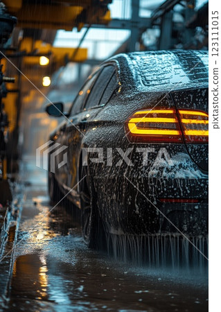 Car undergoing thorough cleaning in a modern car wash during a rainy evening, highlighting the shiny surface and soapy water cascading down the vehicle's side 123111015