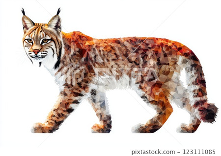 Colorful geometric depiction of a lynx walking confidently against a white background 123111085