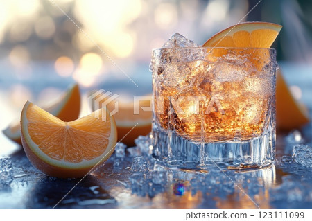 Refreshing cocktail served on the rocks with orange slices during a sunny outdoor gathering in a relaxed afternoon setting Refreshing cocktail served on the rocks with orange slices during a sunny outdoor gathering in a relaxed afternoon setting 123111099