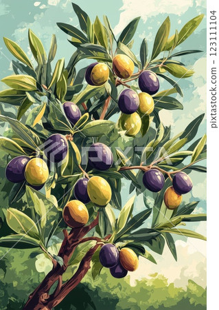 Colorful olive tree branches showcase ripe olives in various hues against a bright sky background in a serene landscape setting 123111104