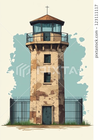 Historic stone tower with a glass observation deck and surrounding fence set against a light blue background in a serene outdoor environment Historic stone tower with a glass observation deck and surrounding fence set against a light blue background in a serene outdoor environment 123111117