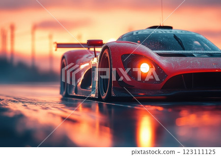 Racing car captured in wet conditions during sunset at a motorsports track with intense colors reflecting on the ground 123111125
