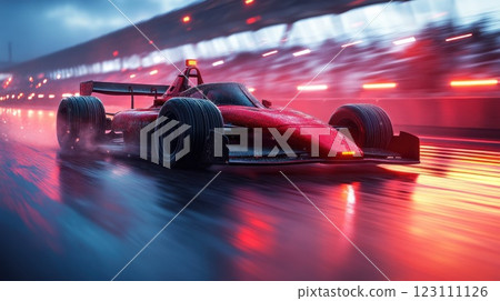Fast red racing car speeds around wet track under dramatic lights during a night race event 123111126
