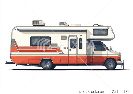 Classic recreational vehicle parked on a scenic roadside during a sunny day, showcasing vibrant orange and white colors with distinctive features 123111174