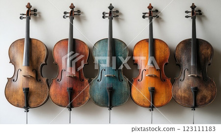 Five unique vintage violins displayed in a row showcasing different colors and finishes on a wall in a cozy room Five unique vintage violins displayed in a row showcasing different colors and finishes on a wall in a cozy room 123111183