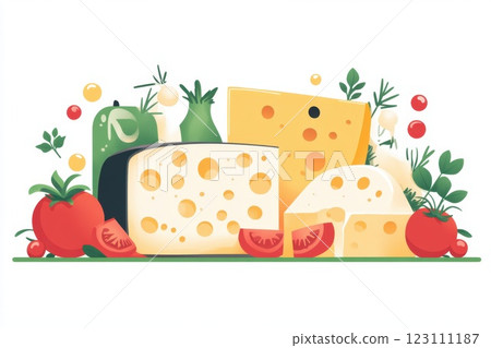 Variety of cheeses arranged with fresh vegetables and herbs on a bright background in a cheerful kitchen setting Variety of cheeses arranged with fresh vegetables and herbs on a bright background in a cheerful kitchen setting 123111187