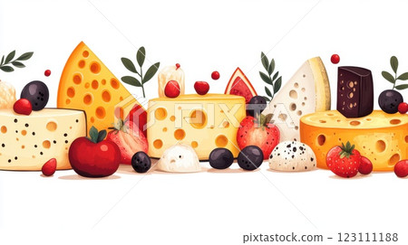 Colorful arrangement of various cheeses and fruits on a bright background showcasing a delicious culinary display for a picnic or cheese platter Colorful arrangement of various cheeses and fruits on a bright background showcasing a delicious culinary display for a picnic or cheese platter 123111188