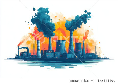 Industrial power plant emits dark smoke into the sky while flames rise behind cooling towers at sunset 123111199