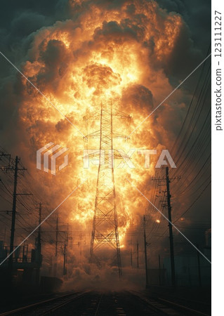 Massive explosion erupts from power tower, illuminating the night sky over an industrial area in a dramatic display of fire and smoke 123111227