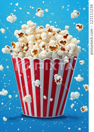 Bucket filled with buttery popcorn floating against a bright blue background, perfect for movie nights and snack time enjoyment 123111256
