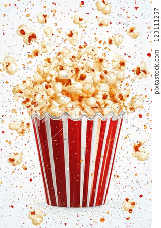 Popcorn bursts joyfully from a classic red and white striped container, creating a playful display against a bright backdrop, perfect for a movie night or festive occasion 123111257