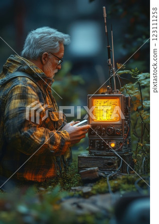 Elderly man in a plaid jacket using a vintage oscilloscope in a lush garden setting during twilight hours 123111258