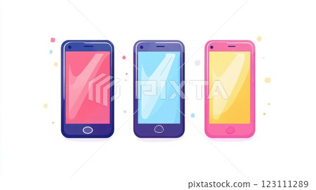 Bright and colorful smartphone designs in vibrant hues arranged in a row showcasing modern technology and playful aesthetics 123111289