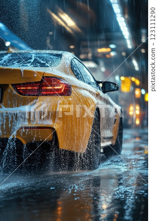 Luxury sports car getting washed in an illuminated urban car wash at night with soap and water splashing 123111290
