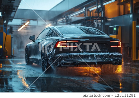 Luxury sedan gets washed under artificial lighting in a modern car wash during twilight hours 123111291