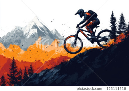 Mountain biker descends steep terrain with vibrant autumn landscape and majestic mountains in the background 123111316