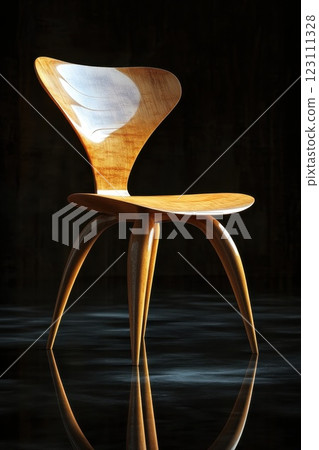 Elegant wooden chair with a modern design showcased against a dark backdrop reflecting a minimalist aesthetic 123111328