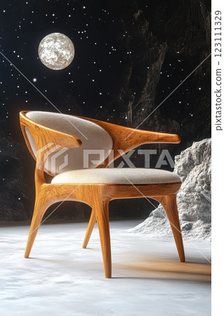 Unique wooden chair design illuminated by moonlight in a surreal lunar landscape with stars in the background creating a tranquil ambiance 123111329