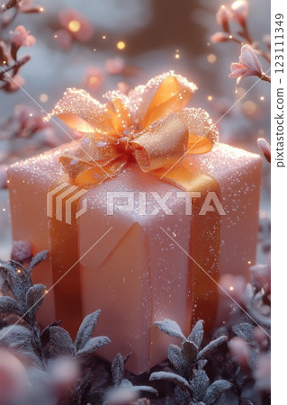 Beautifully wrapped gift with a golden ribbon surrounded by delicate flowers and soft snow at dusk Beautifully wrapped gift with a golden ribbon surrounded by delicate flowers and soft snow at dusk 123111349