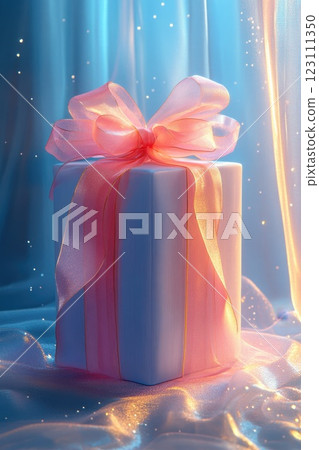 Beautifully wrapped gift box with pink ribbon sitting on a shimmering surface surrounded by soft, glowing light 123111350