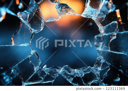 Shattered glass creating an intricate pattern against a blurred orange background in a darkened environment Shattered glass creating an intricate pattern against a blurred orange background in a darkened environment 123111369