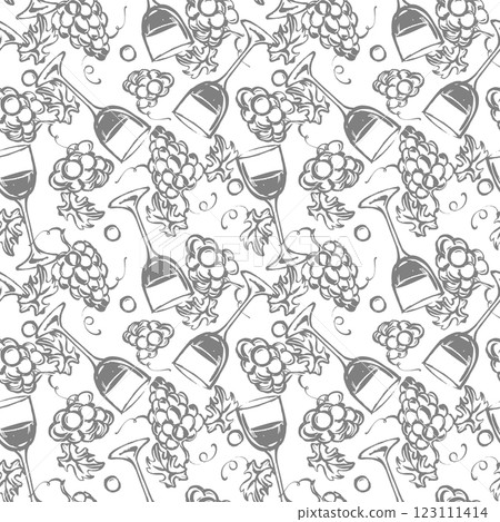 Seamless pattern of wine glasses. Vector illustration imitating a brush and black ink drawing. Clipart for a winery, wine menu or packaging. Fusion of grunge and vintage effect. Seamless pattern of wine glasses. Vector illustration imitating a brush and black ink drawing. Clipart for a winery, wine menu or packaging. Fusion of grunge and vintage effect. 123111414