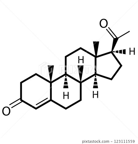 Progesterone chemical formula. Progesterone chemical molecular structure. Chemical formula of progesterone hormone. 123111559