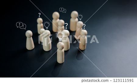 Questions and brainstorming, Wooden doll as person who have questions and need help solving the problems among crowd people, Business marketing and Creative solution concept. 123111591