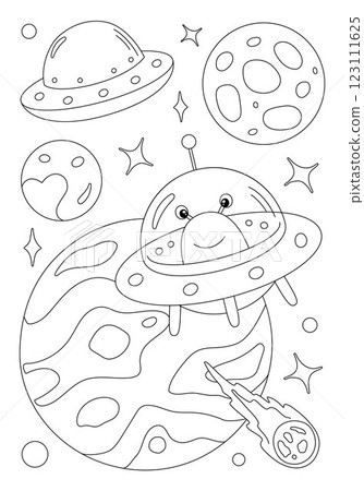 Coloring page with alien flaying on spaceship 123111625