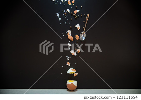 Boiled egg with spices and shell on black background Boiled egg with spices and shell on black background 123111654