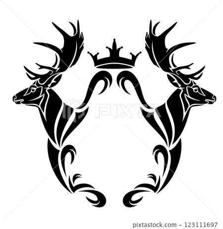 antler deer heads and heraldic coat of arms shield black and white vector frame design 123111697
