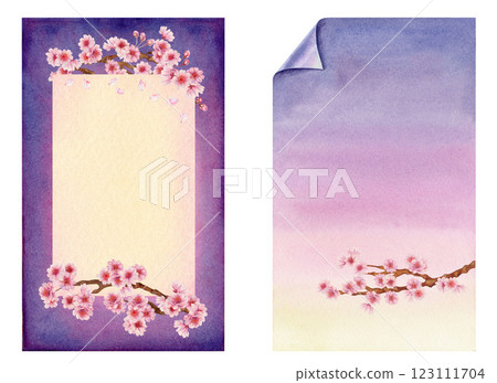 Vertical frames with blooming sakura flowers with gradient background in pastel pink, lilac, purple colors for Hanami festival Two spring watercolor templates for postcard, poster, postcard, wedding Vertical frames with blooming sakura flowers with gradient background in pastel pink, lilac, purple colors for Hanami festival Two spring watercolor templates for postcard, poster, postcard, wedding 123111704