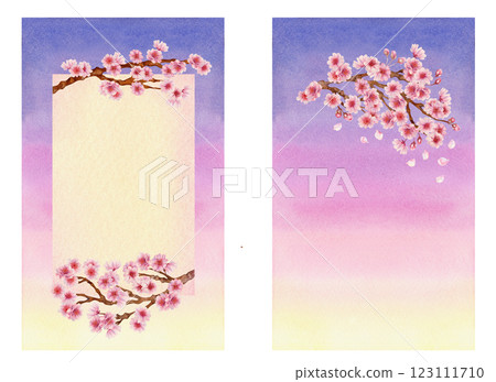 Vertical frames with blooming sakura with gradient background in pink, lilac Spring templates  123111710