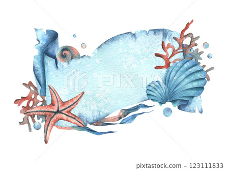 Paper banner scroll, in marine theme with underwater animals, shells, seaweed, corals, starfish and bubbles. Watercolor hand drawn illustration. Rectangular horizontal frame, banner, template for text Paper banner scroll, in marine theme with underwater animals, shells, seaweed, corals, starfish and bubbles. Watercolor hand drawn illustration. Rectangular horizontal frame, banner, template for text 123111833
