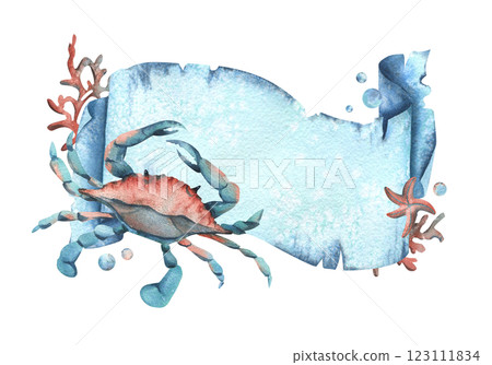Paper banner scroll, in marine theme with underwater animals, crab, corals, starfish and bubbles. Watercolor hand drawn illustration. Rectangular horizontal frame, banner, template for text isolated Paper banner scroll, in marine theme with underwater animals, crab, corals, starfish and bubbles. Watercolor hand drawn illustration. Rectangular horizontal frame, banner, template for text isolated 123111834