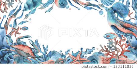 Underwater world with sea animals, octopus, crab, shells, corals, fish, seaweed, starfish and bubbles. Hand drawn watercolor illustration. Marine rectangular horizontal frame, banner, template 123111835