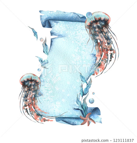 Paper banner scroll, in marine theme with underwater animals, jellyfish, seaweed, starfish and bubbles. Watercolor hand drawn illustration. Rectangular vertical frame, banner, template for text 123111837