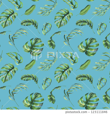 Tropical coconut, banana palm leaves, monstera, monkey mask, frangipani, bright juicy green. Hand drawn watercolor botanical illustration. Seamless pattern on a blue background. 123111846