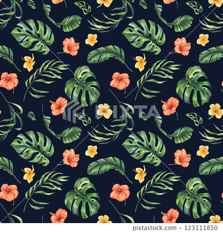 Tropical palm leaves, monstera and flowers of plumeria, hibiscus, bright juicy. Hand drawn watercolor botanical illustration. Seamless pattern on a dark background Tropical palm leaves, monstera and flowers of plumeria, hibiscus, bright juicy. Hand drawn watercolor botanical illustration. Seamless pattern on a dark background 123111850
