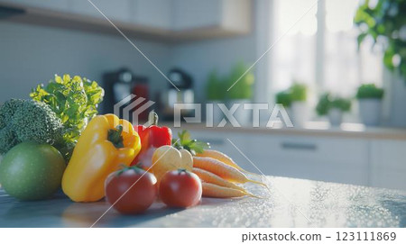 Vegetables and fruits in a stylish kitchen 123111869