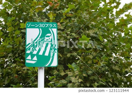 道路標誌：住宅區道路上的 Zone 30 Plus 標誌 123111944