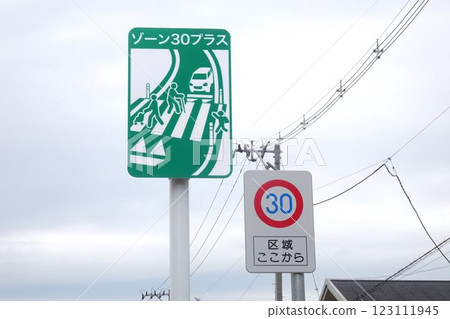 Road sign: Zone 30 Plus sign on a residential road Road sign: Zone 30 Plus sign on a residential road 123111945