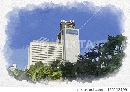 靜岡縣靜岡市靜岡縣廳及駿府城橋水彩畫 靜岡縣靜岡市靜岡縣廳及駿府城橋水彩畫 123112199