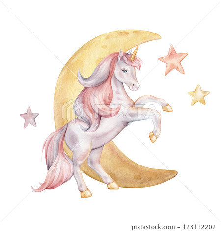Hand drawn watercolor illustration of the Unicorn stands on its hind legs with moon and stars. Cute violet pink horse for Baby shower invitations or wall art. Pastel Fantasy pony for kids cards. Hand drawn watercolor illustration of the Unicorn stands on its hind legs with moon and stars. Cute violet pink horse for Baby shower invitations or wall art. Pastel Fantasy pony for kids cards. 123112202