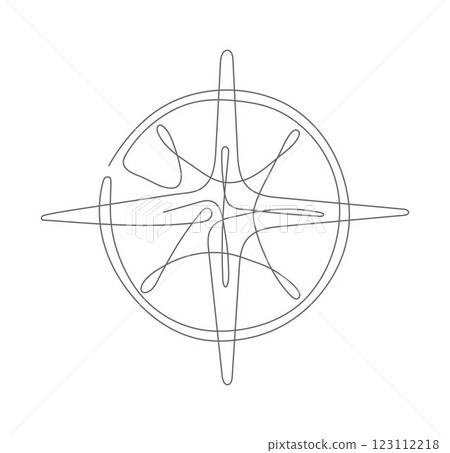 Minimalist continuous line drawing of a compass, symbolizing navigation, direction, and exploration. Minimalist continuous line drawing of a compass, symbolizing navigation, direction, and exploration. 123112218