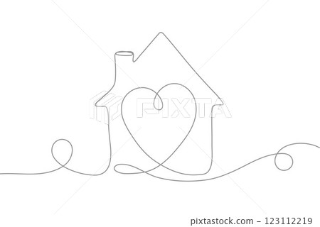 Minimalist continuous line drawing of a house with a heart inside, symbolizing love, warmth, harmony, 123112219