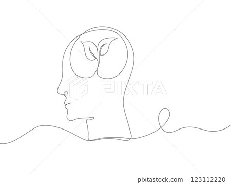 Minimalist continuous line drawing of a human head with a plant growing inside, symbolizing mental health, Minimalist continuous line drawing of a human head with a plant growing inside, symbolizing mental health, 123112220